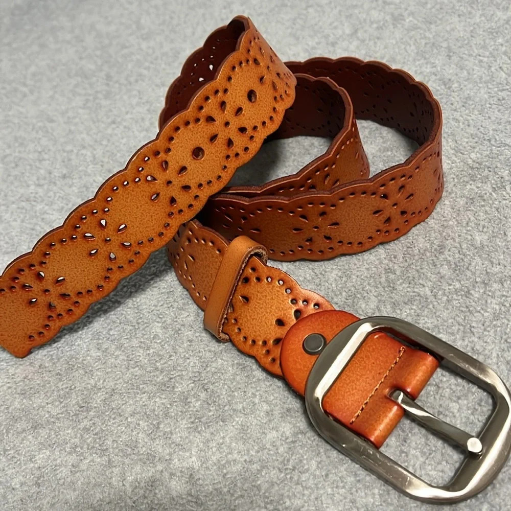 Boho Leather Tooled Belt Silver Tone Metal Buckle Western Festival